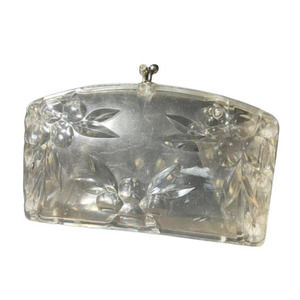 Vintage Clear Lucite and Rhinestone Carved Leaf and Berry Design